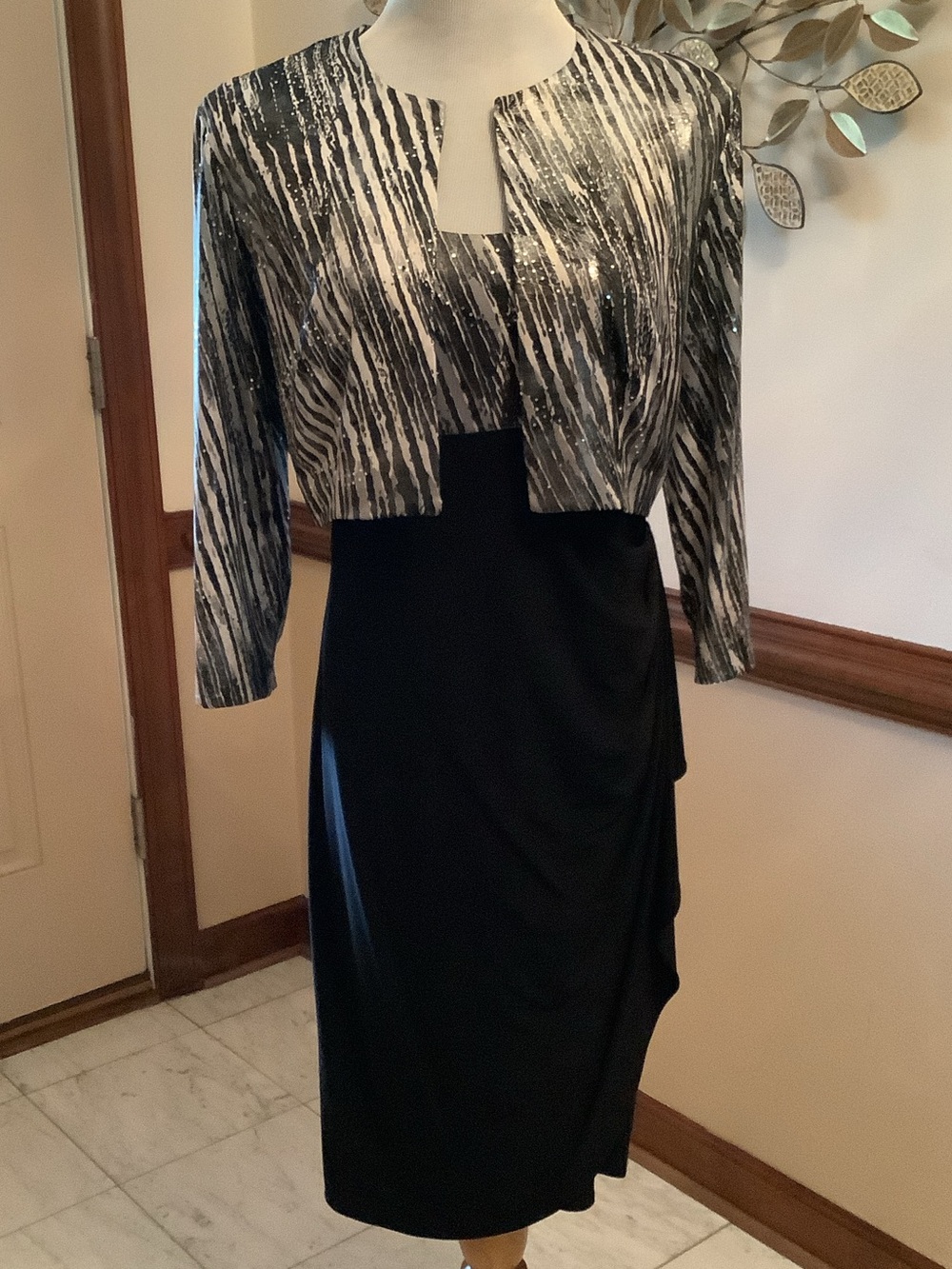 MSK Black Pencil Skirt with Black-and-White Patterned Jacket